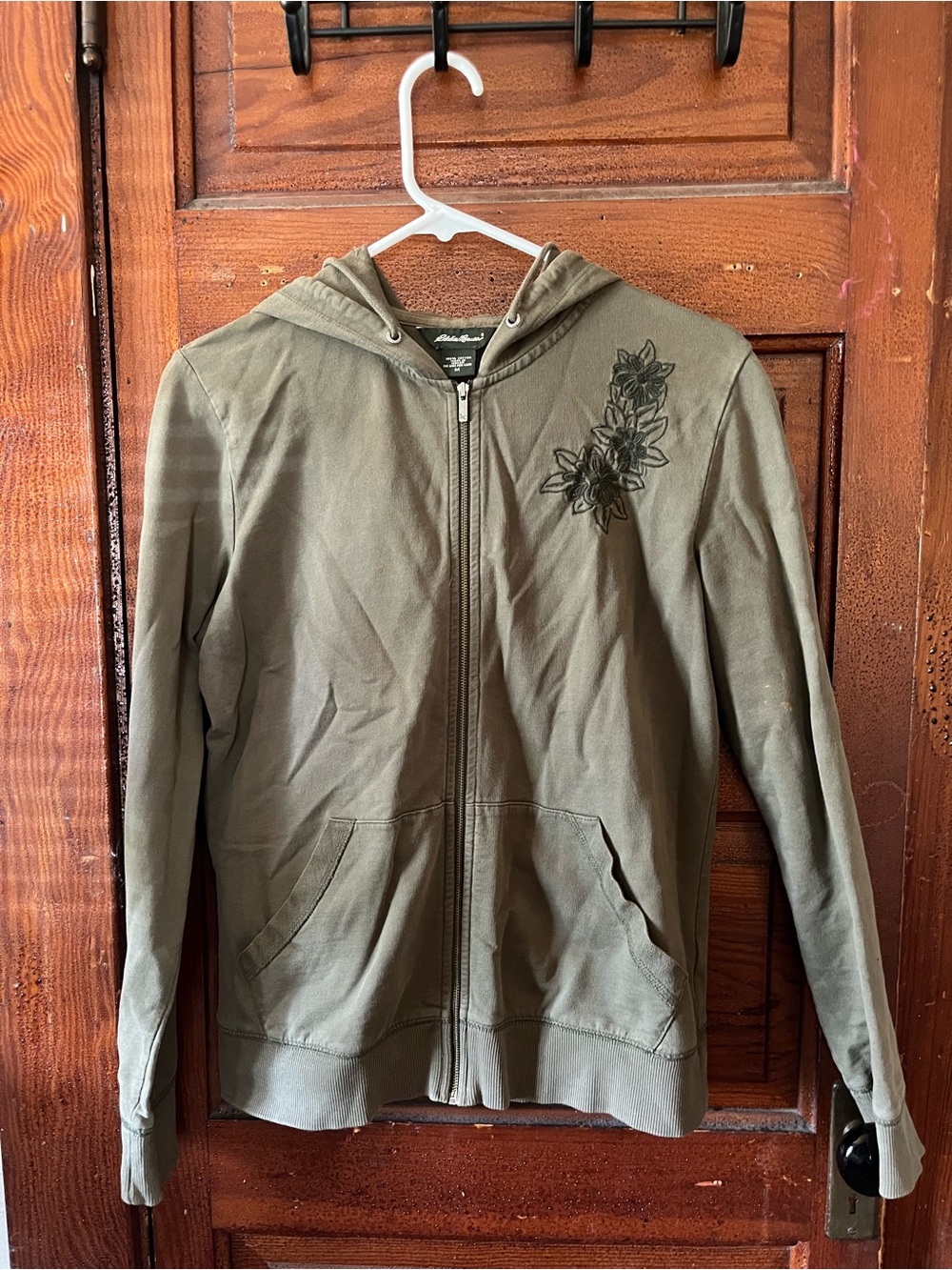 Eddie Bauer Olive Green Full-Zip Women’s Hoodie with Floral Embroidery